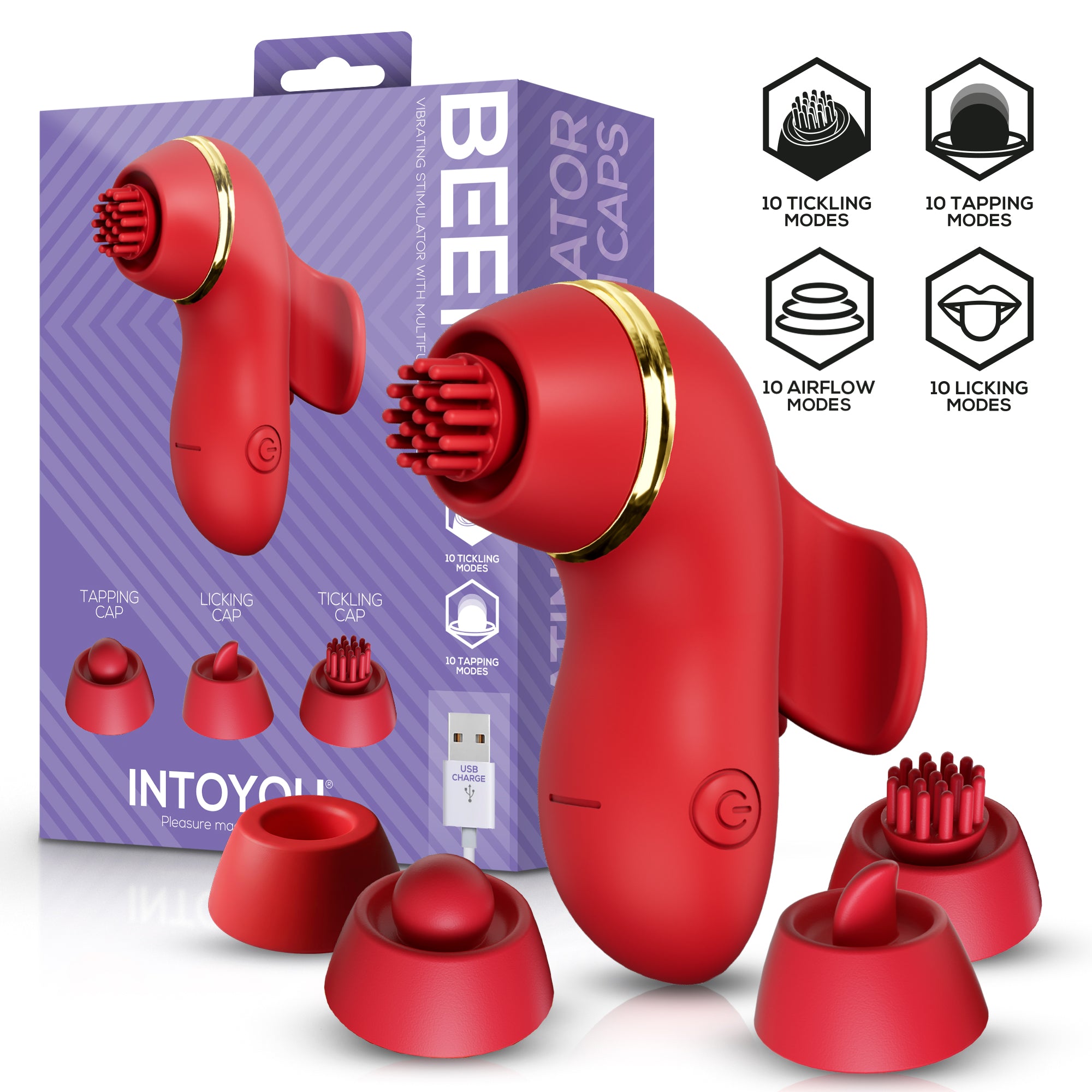 Beeny Estimulador con 4 Cabezales, Succión, Tapping, Tickling y Licking